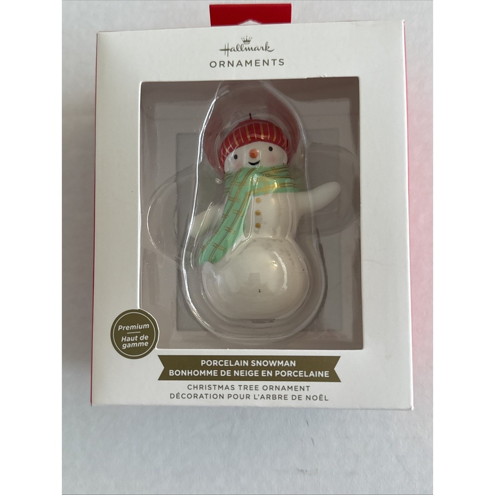 HALLMARK PREMIUM ORNAMENT ~ PORCELAIN SNOWMAN w/ CAP & GREEN SCARF ~ 2024 *NEW